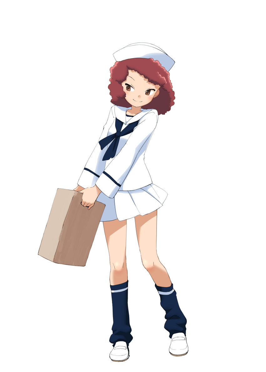 1girl absurdres blouse box commentary_request curly_hair dixie_cup_hat full_body girls_und_panzer hamahara_yoshio hat highres holding holding_box light_blush loafers long_sleeves looking_at_viewer military_hat miniskirt navy_blue_legwear navy_blue_neckwear neckerchief ooarai_naval_school_uniform pleated_skirt print_legwear red_eyes redhead rum_(girls_und_panzer) sailor sailor_collar school_uniform shoes short_hair simple_background single_horizontal_stripe skirt socks solo standing white_background white_blouse white_footwear white_headwear white_skirt
