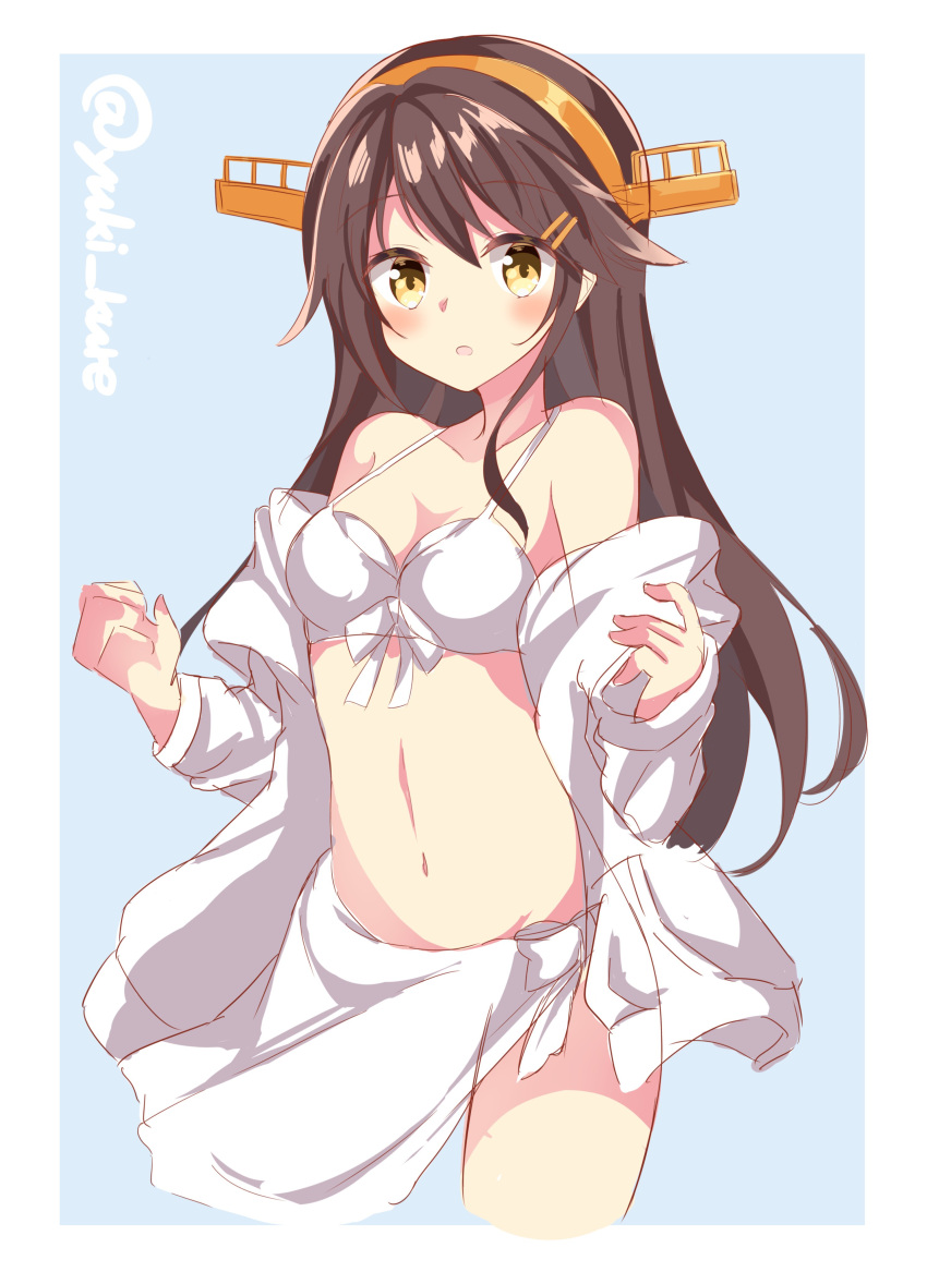 1girl absurdres bare_shoulders bikini black_hair blue_background border breasts brown_eyes cleavage collarbone cowboy_shot cropped_legs haruna_(kantai_collection) highres jacket kantai_collection long_hair looking_at_viewer medium_breasts navel sarong solo standing swimsuit twitter_username two-tone_background white_bikini white_border white_jacket yuuki_beni