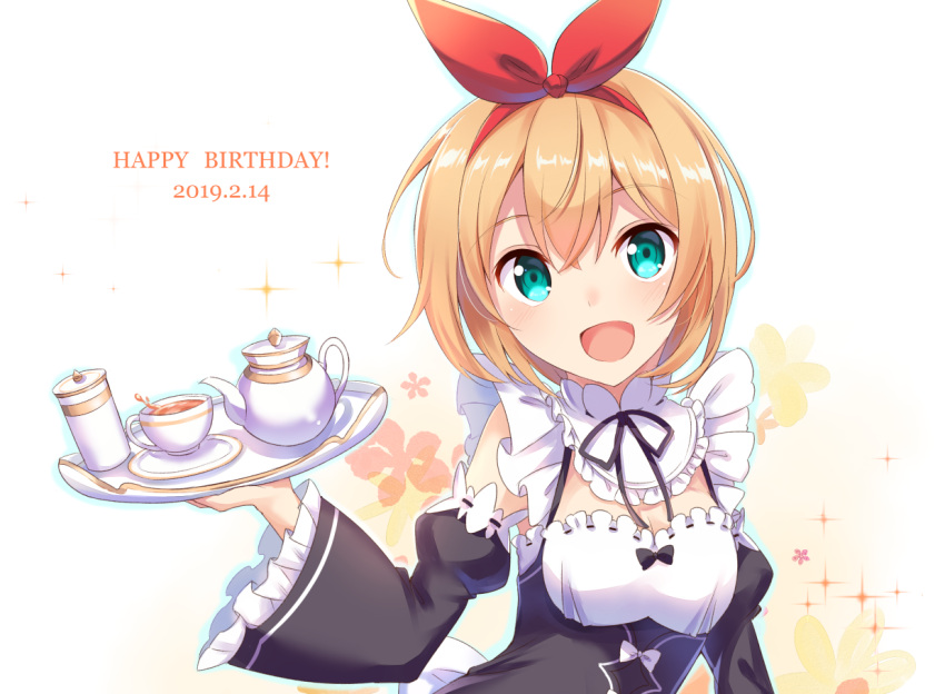 1girl 2019 :d black_bow black_ribbon black_sleeves blonde_hair bow breasts choker cleavage cup dated detached_sleeves eyebrows_visible_through_hair frilled_sleeves frills green_eyes hair_between_eyes hair_bow hairband happy_birthday holding holding_plate long_sleeves looking_at_viewer medium_breasts neck_ribbon nemu_mohu open_mouth petra_leyte plate re:zero_kara_hajimeru_isekai_seikatsu red_bow red_hairband ribbon ribbon-trimmed_sleeves ribbon_trim shiny shiny_hair short_hair simple_background smile solo teacup teapot upper_body white_background white_bow