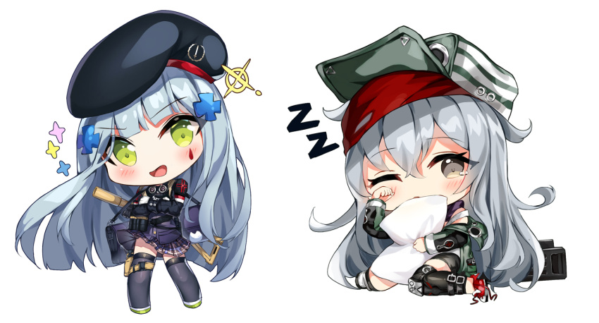 2girls :d assault_rifle bangs beret black_headwear black_shorts blunt_bangs blush brown_eyes brown_skirt chibi eyebrows_visible_through_hair flat_cap g11_(girls_frontline) girls_frontline gloves green_eyes green_footwear green_headwear green_jacket grey_legwear gun h&amp;k_g11 h&amp;k_hk416 hair_between_eyes hair_ornament hat head_tilt hk416_(girls_frontline) jacket long_hair long_sleeves multiple_girls narae off_shoulder one_eye_closed open_clothes open_jacket open_mouth over-kneehighs pillow pillow_hug plaid plaid_skirt pleated_skirt purple_jacket red_footwear rifle rubbing_eyes shoes short_shorts shorts silver_hair simple_background sitting skirt sleepy smile standing tank_top tears thigh-highs v-shaped_eyebrows very_long_hair wariza weapon white_background white_gloves white_tank_top zzz