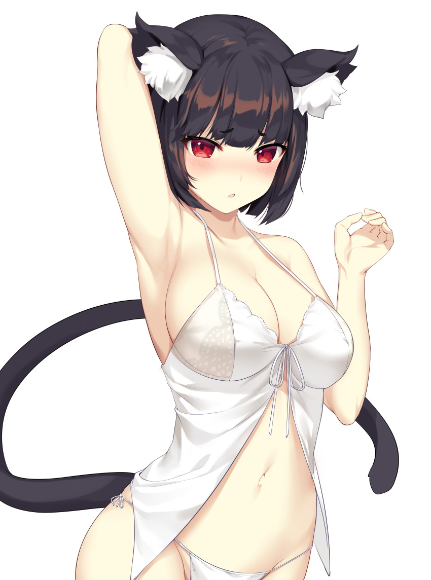 1girl :o absurdres animal_ear_fluff animal_ears arm_behind_head arm_up armpits azur_lane babydoll bare_arms bare_shoulders black_hair blush breasts cat_ears cat_tail cleavage collarbone cowboy_shot fanbox_reward groin hand_up highres ikomochi lace_trim large_breasts looking_at_viewer navel nose_blush paid_reward panties parted_lips red_eyes short_hair side-tie_panties simple_background solo standing stomach tail thick_eyebrows underwear white_babydoll white_background white_panties yamashiro_(azur_lane)