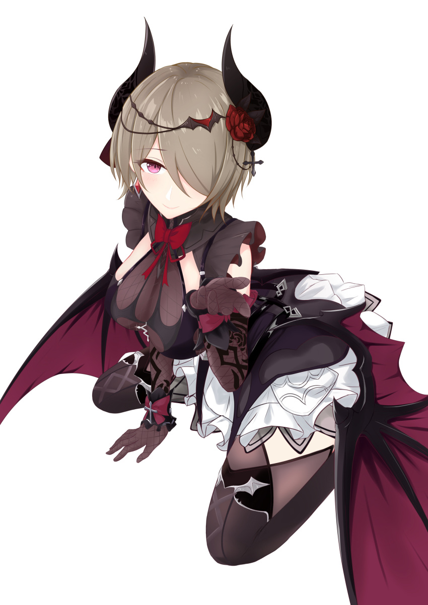 1girl absurdres alternate_costume arm_support bangs bat_wings black_dress black_gloves blush bow bowtie breasts cleavage cross_hair_ornament demon_horns demon_wings dress earrings elbow_gloves flower frills glint gloves hair_flower hair_ornament hair_over_one_eye hand_up highres hiroshi_(2443303124) honkai_(series) honkai_impact_3rd horns jewelry large_breasts light_brown_hair looking_at_viewer mole mole_under_eye red_flower red_neckwear red_rose rita_rossweisse rose short_hair sidelocks silver simple_background sitting smile solo spider_web_print thigh-highs violet_eyes wariza white_background wings wrist_cuffs
