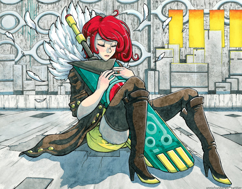 1girl annie_featherweight bangs boots brown_footwear brown_legwear closed_eyes commentary english_commentary feathers full_body high_heel_boots high_heels holding holding_sword holding_weapon jewelry knee_boots long_coat red_(transistor) redhead ring short_hair short_sleeves shorts sitting solo swept_bangs sword the_transistor thigh-highs thighhighs_under_boots traditional_media transistor_(game) watercolor_(medium) weapon
