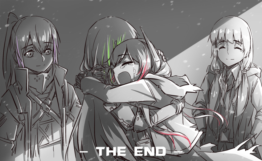 a_bao anti-rain_(girls_frontline) closed_eyes commentary_request crying english_text eyebrows_visible_through_hair girls_frontline hug long_coat m4_sopmod_ii_(girls_frontline) m4a1_(girls_frontline) mod3_(girls_frontline) ro635_(girls_frontline) spoilers st_ar-15_(girls_frontline)