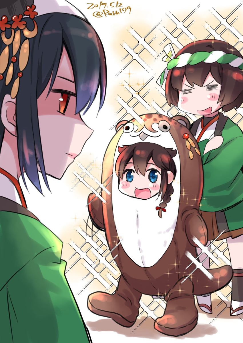 =_= aikawa_ruru animal_costume artist_name black_hair blue_eyes braid brown_hair dated hair_flaps hair_ornament hair_over_shoulder happi headband highres hyuuga_(kantai_collection) japanese_clothes kantai_collection long_hair mascot_costume multiple_girls red_eyes shaded_face shigure_(kantai_collection) short_hair yamashiro_(kantai_collection)