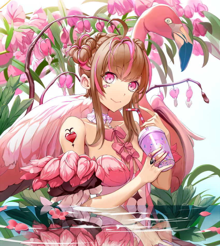 1girl ahoge bangs bare_shoulders bird braid breasts brown_hair choker closed_mouth cup ddaomphyo detached_sleeves double_bun dress eyebrows_visible_through_hair facial_mark feathers flamenco flower heart highres holding holding_cup jewelry long_hair looking_at_viewer medium_breasts nail_polish original pink_dress pink_eyes pink_flower pink_hair pink_nails reflection ribbon ring sidelocks smile strapless strapless_dress tattoo wading