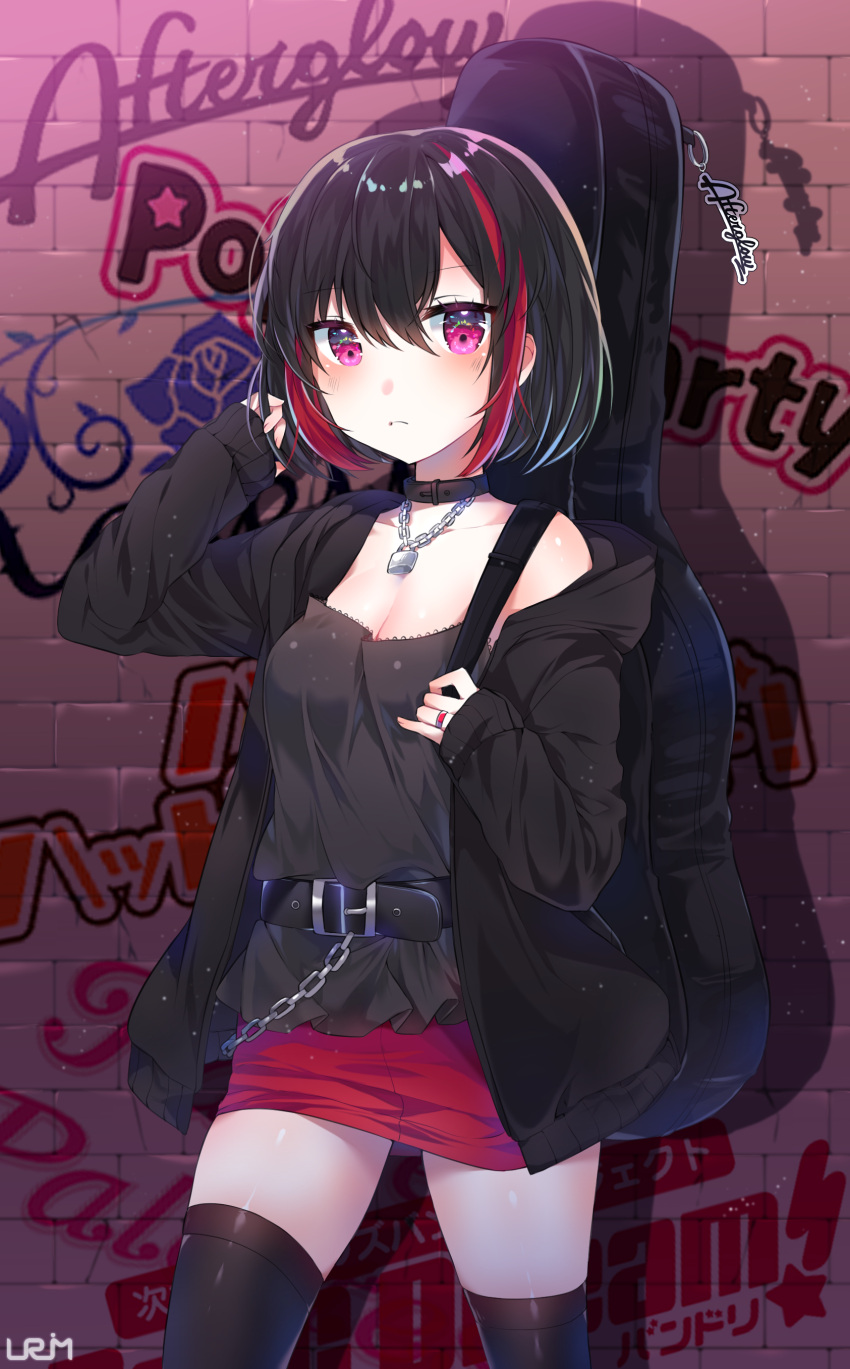 1girl absurdres adjusting_hair alley bang_dream! bangs bare_shoulders belt belt_buckle black_belt black_hair black_jacket black_legwear black_shirt blush bob_cut breasts brick_wall buckle chain chain_necklace eyebrows_visible_through_hair frown graffiti group_name highres holding_strap hood hooded_jacket instrument_case jacket jewelry lock logo looking_at_viewer medium_breasts miniskirt mitake_ran multicolored_hair off_shoulder outdoors pink_eyes red_skirt ring shirt skirt sleeveless sleeveless_shirt sleeves_past_wrists spaghetti_strap streaked_hair thigh-highs urim_(paintur) zettai_ryouiki