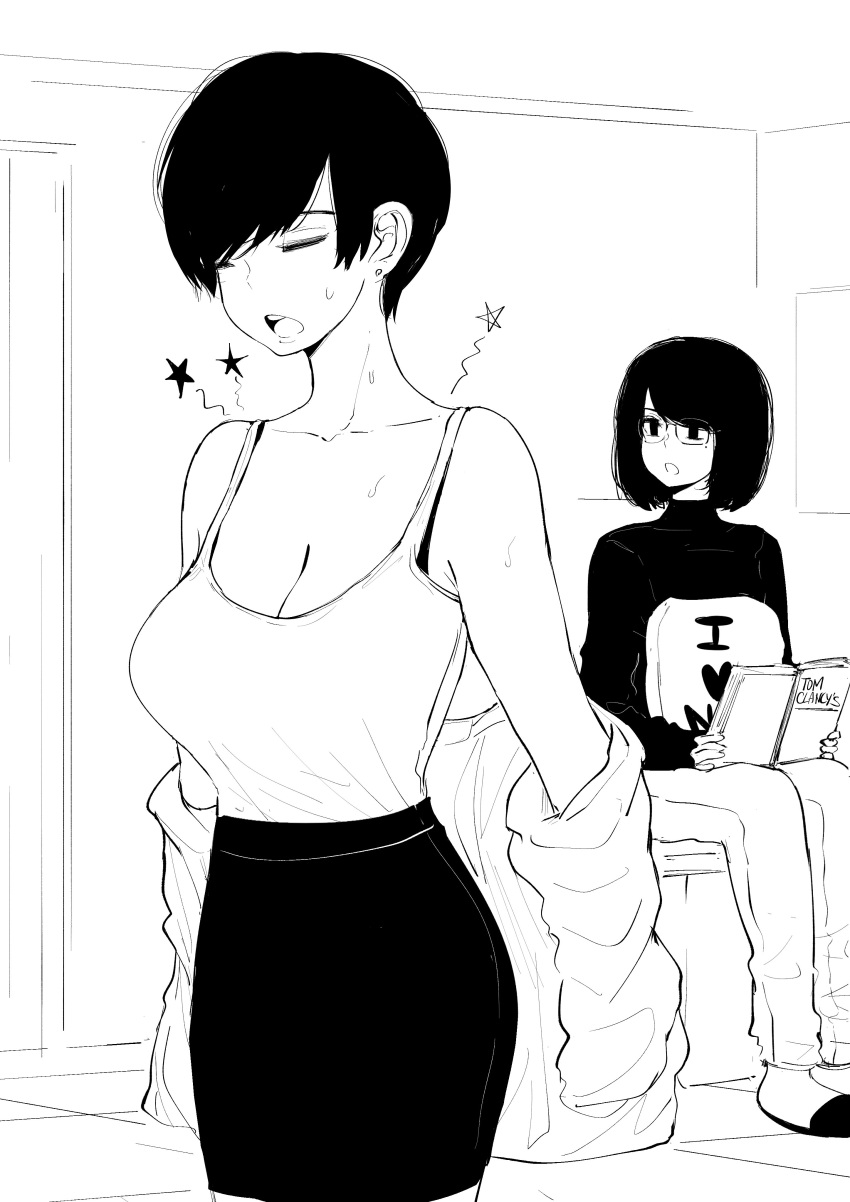 2girls absurdres book bra_strap breasts camisole cleavage closed_eyes collarbone commentary desyana_laurentia english_commentary glasses greyscale highres holding holding_book large_breasts looking_at_another monochrome multiple_girls norman_maggot olive_laurentia open_mouth pain pencil_skirt pixie_cut shirt_tucked_in short_hair sitting skirt standing sweat tom_clancy undressing
