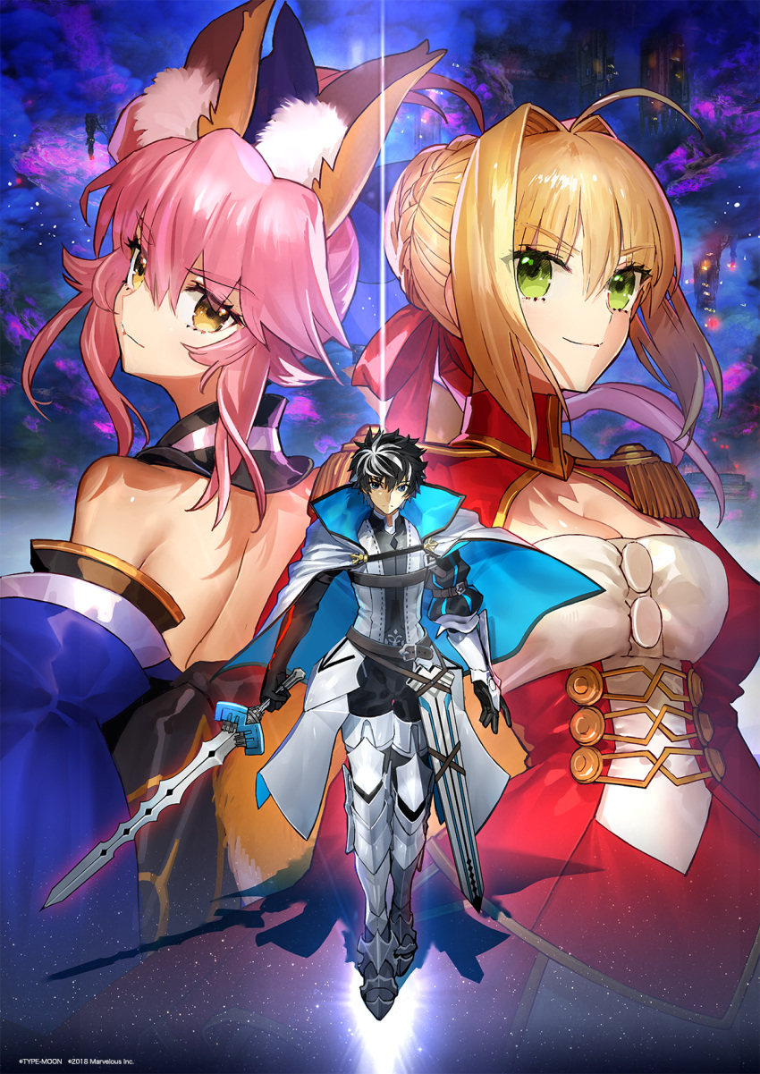 1boy 2girls animal_ears armored_boots blonde_hair blue_eyes boots charlemagne_(fate) dress fate/extella fate/extella_link fate/extra fate_(series) fox_ears fox_tail green_eyes highres japanese_clothes looking_at_viewer looking_back multicolored_hair multiple_girls nero_claudius_(fate) nero_claudius_(fate)_(all) official_art pink_hair purple_background red_dress red_ribbon ribbon smile space sword tail tamamo_(fate)_(all) tamamo_no_mae_(fate) two-tone_hair wada_aruko walking weapon yellow_eyes