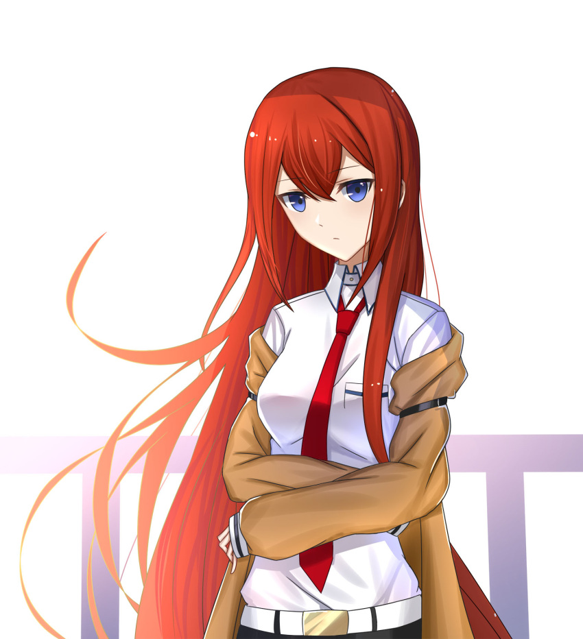 1girl belt blue_eyes brown_coat coat collared_shirt cropped_arms eyebrows_visible_through_hair floating_hair hair_between_eyes highres long_hair looking_at_viewer makise_kurisu necktie open_clothes open_coat red_neckwear redhead roi_(liu_tian) shirt simple_background solo steins;gate upper_body very_long_hair white_background white_shirt wing_collar