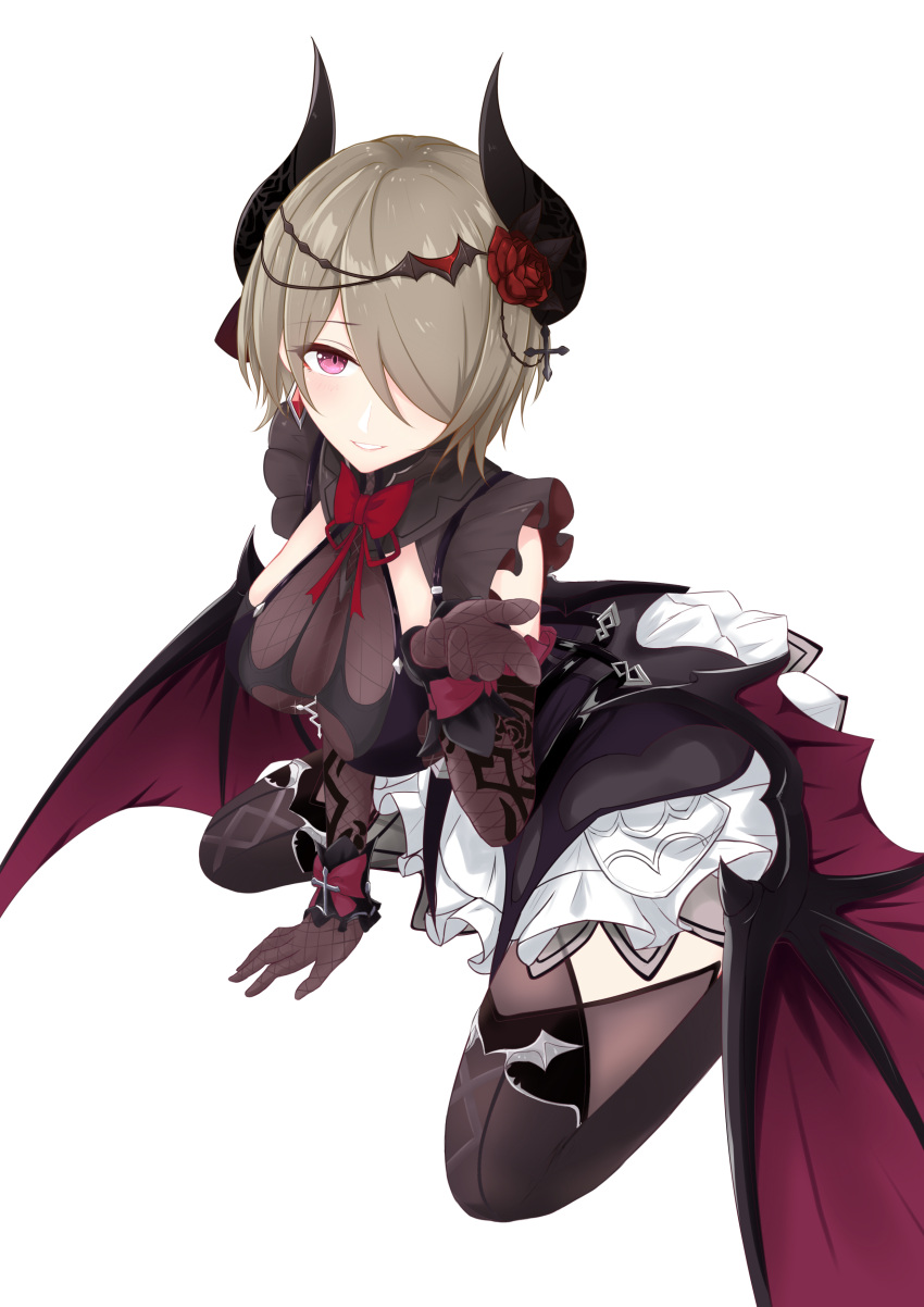 1girl absurdres alternate_costume arm_support bangs bat_wings black_bra black_dress black_gloves blush bow bowtie bra breasts cleavage commentary_request cross_hair_ornament demon_horns demon_wings dress earrings elbow_gloves flower frills glint gloves hair_flower hair_ornament hair_over_one_eye hand_up highres hiroshi_(2443303124) honkai_(series) honkai_impact_3rd horns jewelry large_breasts light_brown_hair looking_at_viewer mole mole_under_eye parted_lips red_flower red_neckwear red_rose rita_rossweisse rose short_hair sidelocks silver simple_background sitting smile solo spider_web_print thigh-highs underwear violet_eyes wariza white_background wings wrist_cuffs