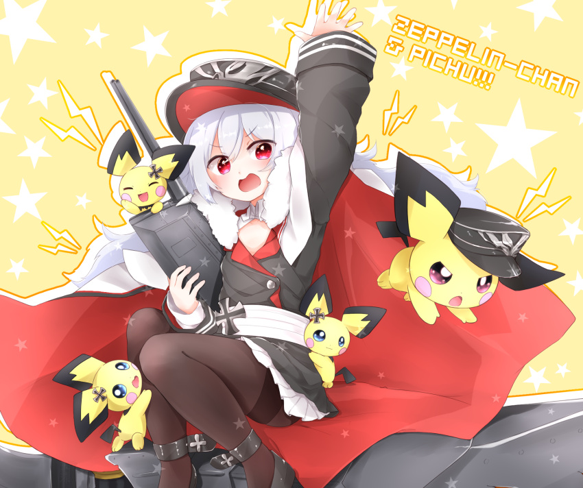 1girl :d :o arm_up azur_lane bangs black_footwear black_headwear black_jacket blue_eyes blush brown_legwear cannon cape closed_eyes commentary_request creatures_(company) crossover eyebrows_visible_through_hair frilled_jacket frills game_freak gen_2_pokemon hair_between_eyes hat highres iron_cross jacket kanda_(kvzs4332) lightning_bolt long_hair long_sleeves multicolored multicolored_cape multicolored_clothes nintendo open_mouth pantyhose peaked_cap pichu pokemon pokemon_(creature) puffy_long_sleeves puffy_sleeves red_cape red_eyes shoes silver_hair sleeves_past_wrists smile star starry_background turret very_long_hair white_cape zeppelin-chan_(azur_lane)