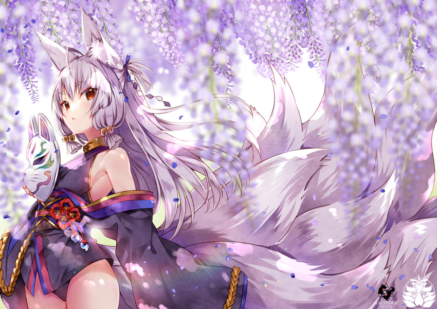 1girl animal_ear_fluff animal_ears bangs bare_shoulders bell black_kimono blurry blurry_background blurry_foreground breasts closed_mouth commentary_request cowboy_shot depth_of_field eyebrows_visible_through_hair flower fox_ears fox_girl fox_mask fox_tail hair_bell hair_between_eyes hair_ornament holding holding_mask japanese_clothes jingle_bell kimono kyuubi long_hair long_sleeves looking_away mask mask_removed multiple_tails obi off_shoulder original purple_flower red_eyes sash short_kimono sidelocks silver_hair sleeves_past_fingers sleeves_past_wrists small_breasts solo tail usagihime very_long_hair wide_sleeves wisteria