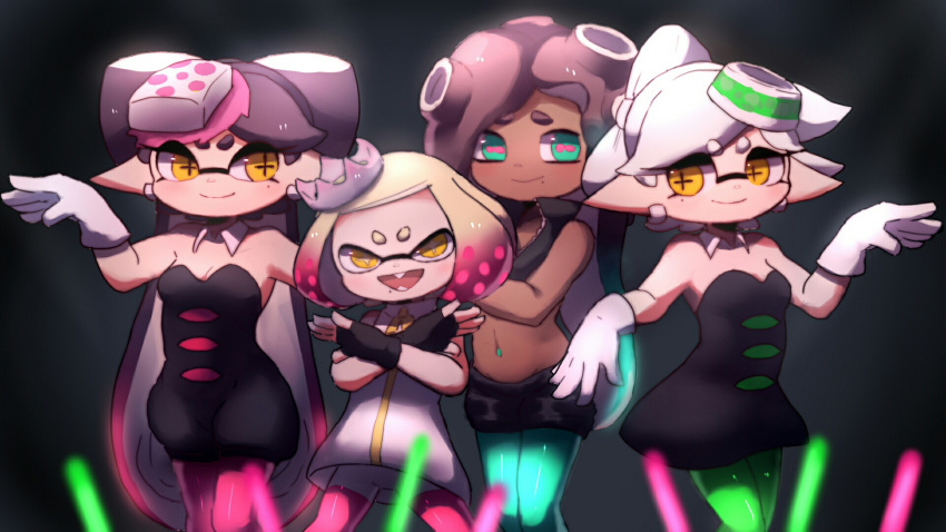 +_+ 4girls :d aori_(splatoon) aqua_eyes aqua_hair aqua_legwear artist_request bare_shoulders black_dress black_gloves black_hair black_shorts blonde_hair breasts brown_hair cleavage closed_mouth cousins dark_skin detached_collar domino_mask dress fingerless_gloves food food_on_head gloves glowstick gradient_hair green_legwear hair_rings highres hime_(splatoon) horizontal_pupils hotaru_(splatoon) iida_(splatoon) legwear_under_shorts long_hair mask mole mole_under_eye mole_under_mouth multicolored_hair multiple_girls navel_piercing object_on_head octarian open_mouth orange_eyes pantyhose piercing pink_hair pink_legwear pink_pupils short_hair short_jumpsuit shorts shorts_under_dress sleeveless sleeveless_dress smile splatoon splatoon_(series) splatoon_2 strapless strapless_dress suction_cups symbol-shaped_pupils tentacle_hair two-tone_hair white_dress white_gloves zipper_pull_tab