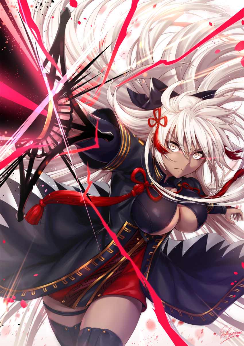 1girl ahoge aura bangs black_bow bow breasts charging cleavage dark_skin eyebrows_visible_through_hair fate/grand_order fate_(series) floating_hair hair_between_eyes hair_bow hair_ornament high_collar highres holding holding_sword holding_weapon katana large_breasts lightning long_hair looking_at_viewer okita_souji_(alter)_(fate) okita_souji_(fate)_(all) sakiyamama scarf serious solo stabbing sword tassel thigh-highs tied_hair very_long_hair weapon white_hair yellow_eyes