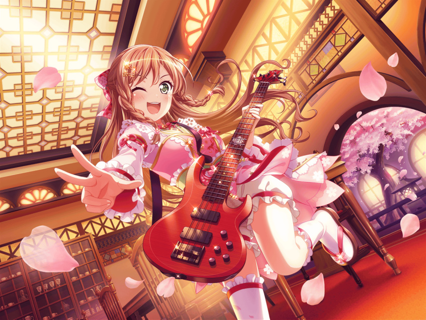 bang_dream! blush brown_eyes brown_hair dress guitar imai_lisa long_hair smile wink