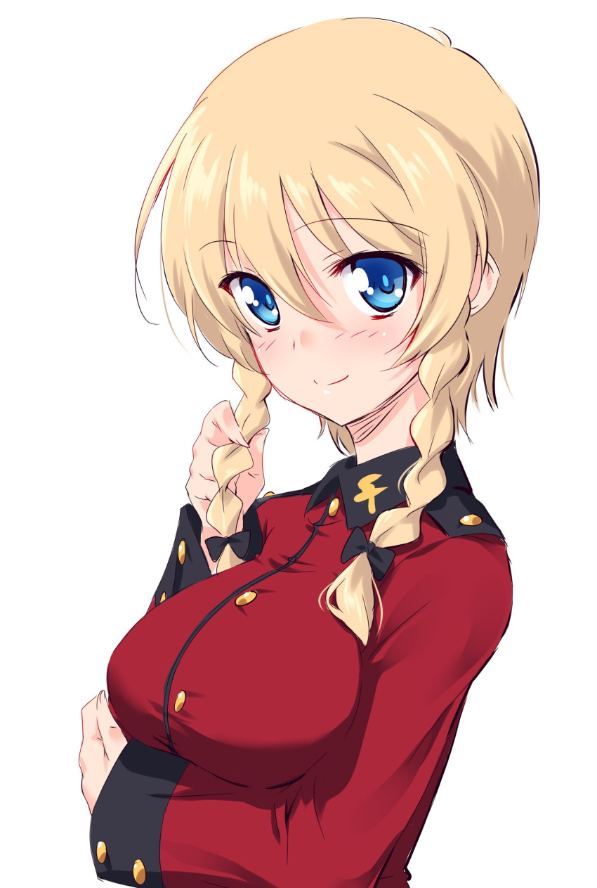 1girl alternate_hairstyle black_bow blonde_hair blue_eyes bow braid breast_hold breasts closed_mouth commentary darjeeling epaulettes eyebrows_visible_through_hair girls_und_panzer hair_bow hand_in_hair highres jacket kuzuryuu_kennosuke light_blush long_sleeves looking_at_viewer military military_uniform red_jacket short_hair short_hair_with_long_locks simple_background smile solo st._gloriana's_military_uniform twin_braids uniform upper_body white_background