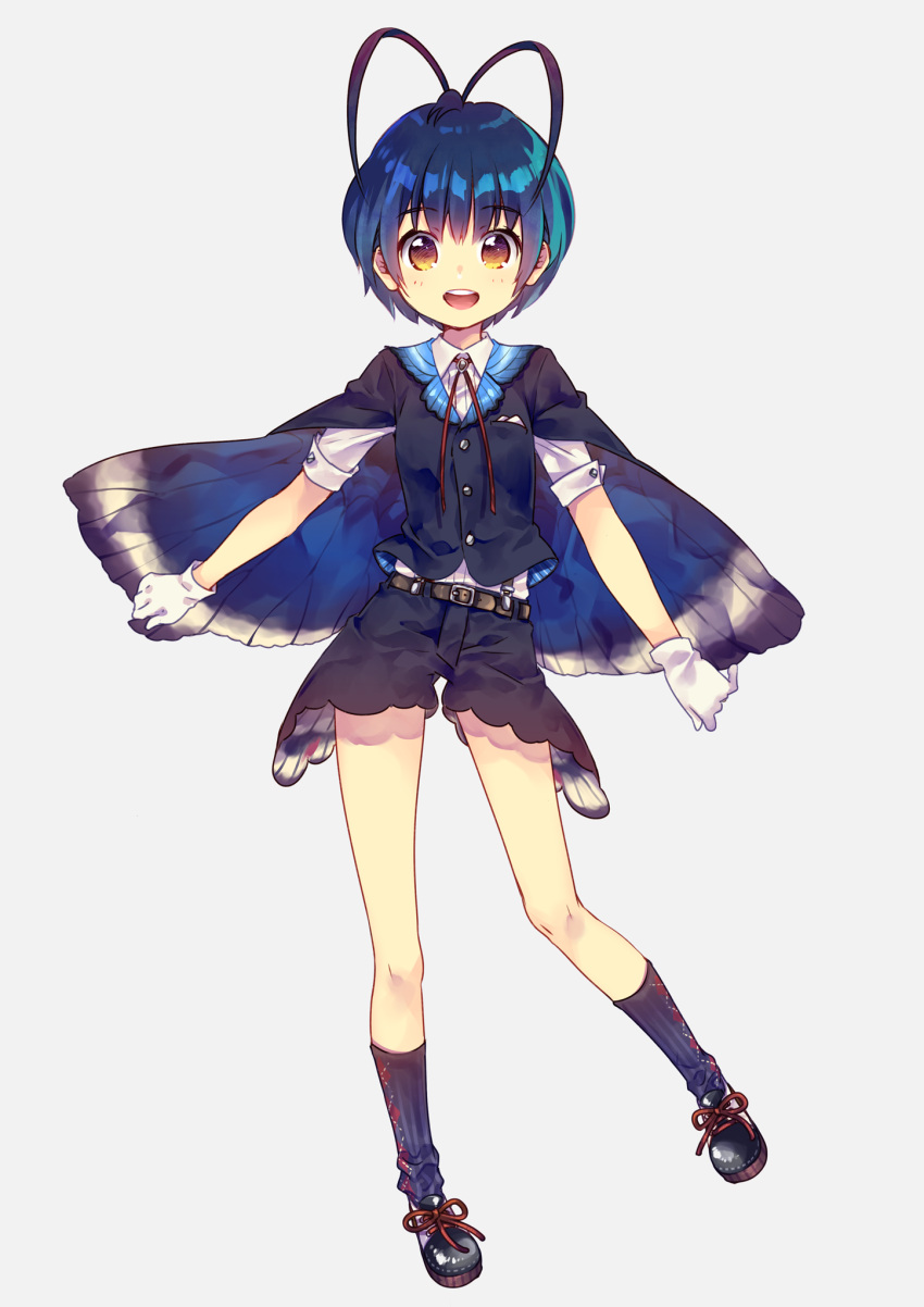 1boy :d antenna_hair aoba_makoto argyle argyle_legwear belt black_footwear black_shorts blue_hair blue_legwear bolo_tie butterfly_costume cape collared_shirt commentary_request ech full_body gloves grey_background highres iriam looking_at_viewer male_focus open_mouth orange_eyes red_neckwear shirt shoes short_sleeves shorts simple_background smile socks solo virtual_youtuber white_gloves