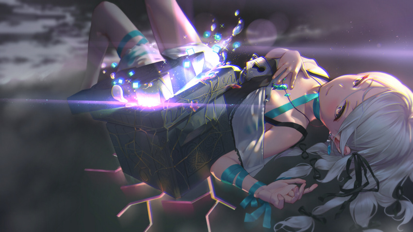 1girl aqua_ribbon aquamarine_(gemstone) bangs black_ribbon blush breasts closed_mouth dress gesoking06 hair_ribbon hand_on_own_chest hand_up highres jewelry knees_up lens_flare light_particles light_smile long_hair looking_at_viewer lying multi-tied_hair neck_ribbon necklace off-shoulder_dress off_shoulder on_back original ribbon sidelocks small_breasts smile solo thigh_ribbon violet_eyes white_hair wrist_ribbon