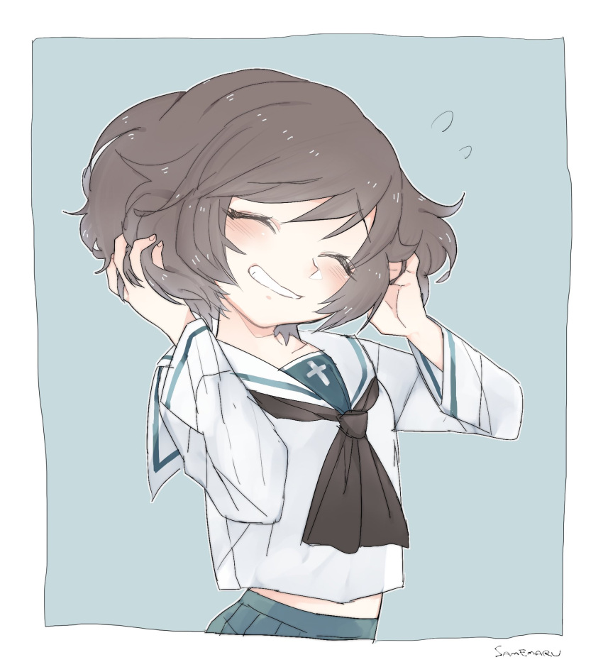 1girl akiyama_yukari artist_name bad_id bad_twitter_id bangs black_border black_neckwear blouse blush border brown_hair commentary_request eyebrows_visible_through_hair facing_viewer flying_sweatdrops girls_und_panzer green_background grin hands_in_hair head_tilt highres long_sleeves messy_hair midriff neckerchief ooarai_school_uniform samemaru_fish school_uniform serafuku short_hair signature smile solo upper_body white_blouse