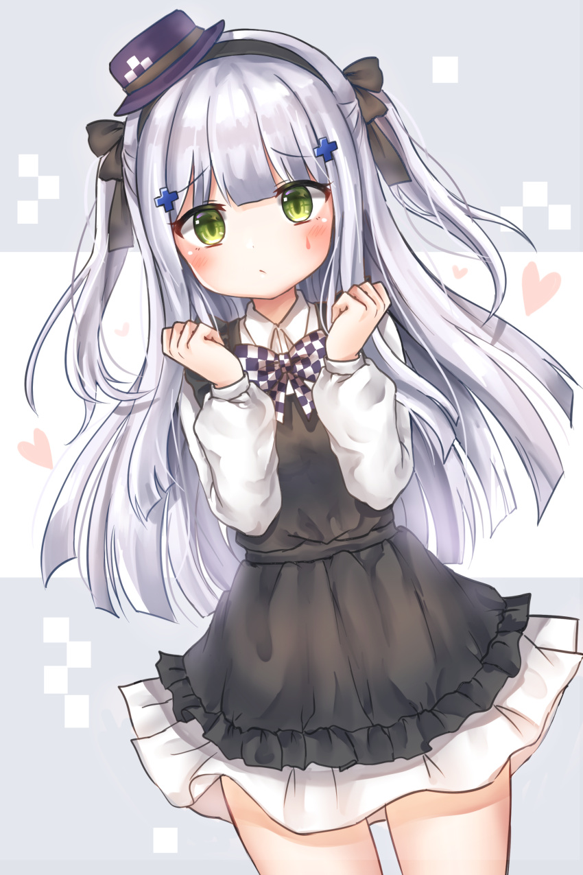 1girl absurdres black_dress black_hairband black_ribbon blush checkered checkered_neckwear clenched_hands commentary_request cowboy_shot dress frown girls_frontline green_eyes hair_ribbon hairband hands_up hat highres hk416_(girls_frontline) honyang long_hair looking_at_viewer mini_hat ribbon shirt silver_hair skirt solo two_side_up very_long_hair white_shirt white_skirt younger