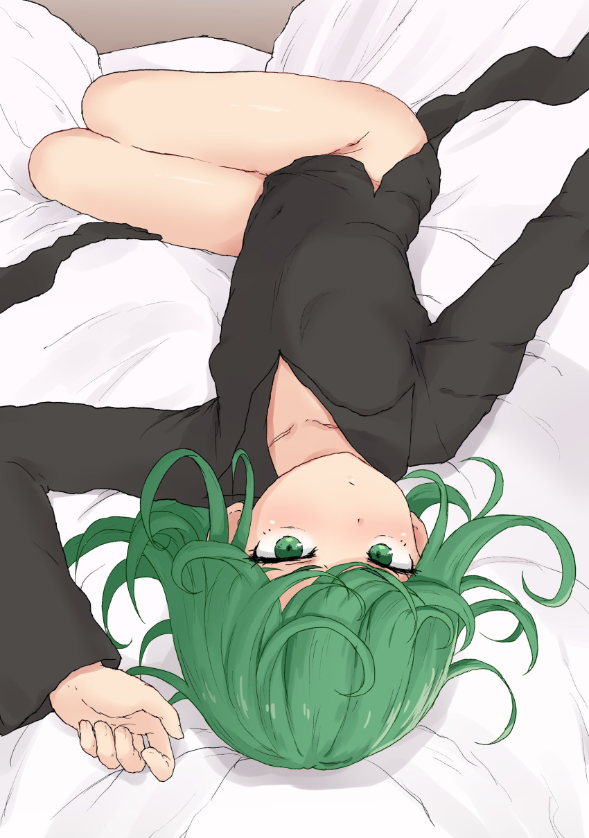 1girl absurdres arm_up bangs bed_sheet black_dress blush brown_background closed_mouth collarbone collared_dress commentary_request dress fingernails green_eyes greyscale highres long_sleeves looking_at_viewer lying monochrome on_back one-punch_man pelvic_curtain solo tatsumaki yakihebi