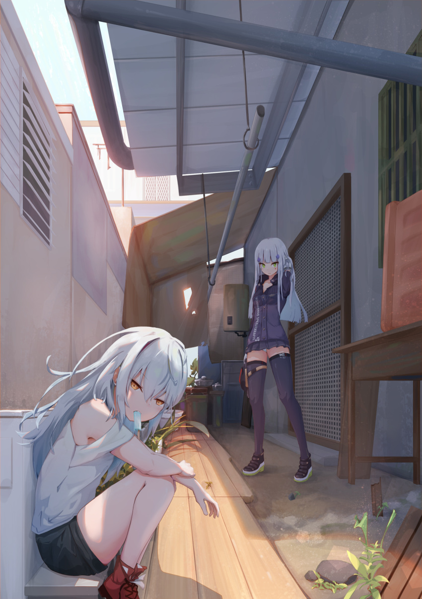 2girls absurdres adjusting_hair arms_on_knees bare_legs bare_shoulders beret black_legwear black_skirt blush facepaint feet_out_of_frame food food_in_mouth full_body g11_(girls_frontline) girls_frontline gloves green_eyes hair_between_eyes hand_up hat hat_removed headwear_removed highres hk416_(girls_frontline) holding holding_hat knees_up looking_at_viewer looking_to_the_side melting messy_hair miniskirt mouth_hold multiple_girls orange_eyes outdoors panties pantyshot pantyshot_(standing) plaid plaid_skirt pleated_skirt popsicle red_footwear shirt short_shorts shorts silver_hair sitting skirt standing sunset teardrop thigh-highs twtnw underwear white_panties white_shirt
