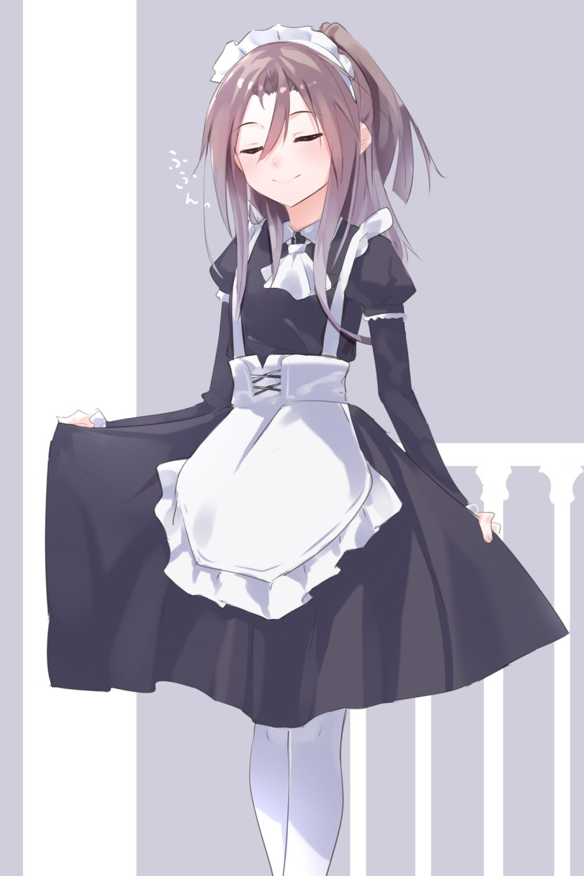 1girl alternate_costume apron black_leotard brown_hair closed_eyes commentary_request enmaided facing_viewer feet_out_of_frame frilled_apron frills gedoo_(gedo) grey_background high_ponytail highres kantai_collection leotard long_hair maid pantyhose smile solo standing two-tone_background white_apron white_legwear zuihou_(kantai_collection)
