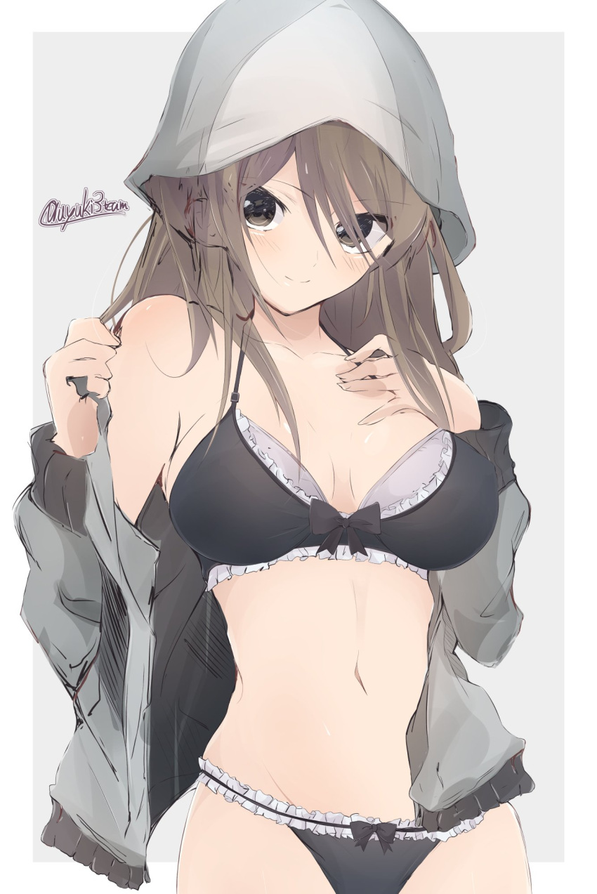 1girl bangs black_bra black_panties blue_headwear blue_jacket bow bow_bra bow_panties bra breasts brown_eyes brown_hair closed_mouth commentary cowboy_shot eyebrows_visible_through_hair frilled_bra frilled_panties frills getsumen_suibaku_ver._a(c) girls_und_panzer grey_background groin hair_over_one_eye hand_on_own_chest hat highres jacket keizoku_military_uniform light_blush long_hair long_sleeves looking_at_viewer medium_breasts mika_(girls_und_panzer) military military_uniform navel no_pants off_shoulder open_clothes open_jacket outside_border panties raglan_sleeves smile solo standing track_jacket twitter_username underwear undressing uniform