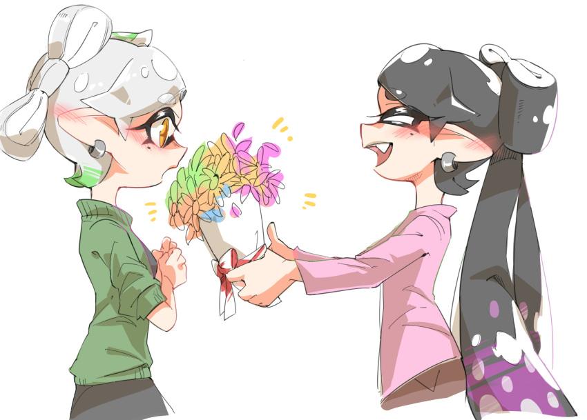 +_+ 2girls aori_(splatoon) black_hair bouquet brown_eyes casual chinese_commentary closed_eyes commentary_request cropped_torso domino_mask earrings eyebrows_visible_through_hair facing_another fang flower from_side gradient_hair green_hair green_sweater grey_hair hands_together highres holding holding_bouquet hotaru_(splatoon) jewelry long_hair long_sleeves looking_at_another madaga_(animaofmoon) mask mole mole_under_eye multicolored_hair multiple_girls no_headwear notice_lines open_mouth pink_shirt pointy_ears presenting purple_hair red_ribbon ribbon shirt short_hair sleeves_rolled_up smile splatoon splatoon_(series) splatoon_1 standing surprised sweater tentacle_hair yuri