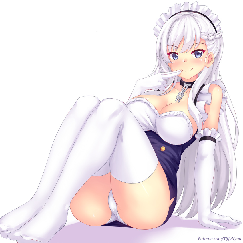 1girl arm_support azur_lane bangs belfast_(azur_lane) blue_eyes blush braid breasts broken broken_chain chain chains cleavage closed_mouth collar commentary_request elbow_gloves eyebrows_visible_through_hair fast-runner-2024 finger_to_mouth french_braid frilled_gloves frills gloves hair_between_eyes hand_up highres large_breasts long_hair looking_at_viewer maid maid_headdress no_shoes panties pantyshot pantyshot_(sitting) patreon_username sitting smile solo underwear very_long_hair watermark web_address white_background white_gloves white_hair white_panties