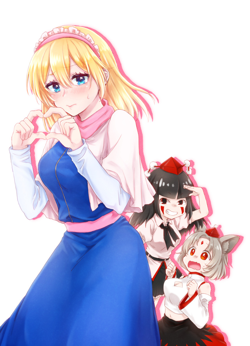 3girls alice_margatroid animal_ear_fluff animal_ears arm_up bangs bare_shoulders belt black_belt black_hair black_skirt blonde_hair blue_dress blue_eyes blunt_bangs blush breasts capelet cleavage cleavage_cutout clenched_hands commentary_request cowboy_shot crop_top detached_sleeves dress eyebrows_visible_through_hair facial_mark fang forehead_mark frilled_hairband frills grey_hair grin hair_between_eyes hairband hands_up hat heart heart_hands highres inubashiri_momiji large_breasts lolita_hairband long_hair long_sleeves looking_at_viewer mayomayoai midriff miniskirt multiple_girls navel open_mouth pink_hairband pink_sash pink_scarf pom_pom_(clothes) puffy_short_sleeves puffy_sleeves red_eyes salute sash scarf shameimaru_aya shirt short_sleeves silhouette simple_background skin_fang skirt smile standing sweat tokin_hat touhou white_background white_capelet white_shirt wide_sleeves wolf_ears