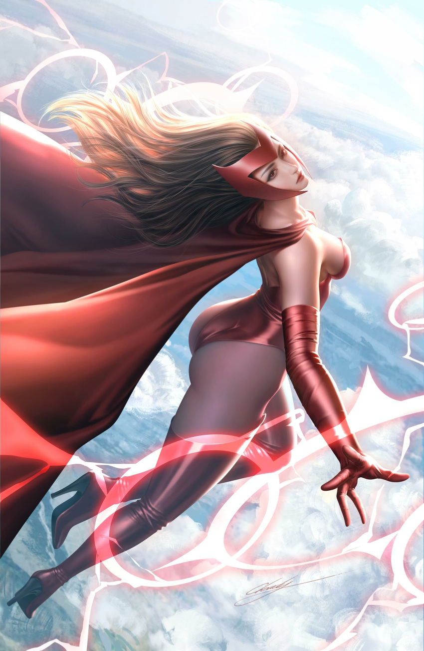 1girl absurdres artist_name ass avengers back backless_leotard boots breasts brown_hair cloak closed_mouth cloud.d clouds cloudy_sky elbow_gloves floating_hair flying from_above full_body gloves high_heel_boots high_heels highleg highleg_leotard highres large_breasts leotard lips long_hair looking_at_viewer looking_up marvel red_eyes scarlet_witch sky solo thigh-highs thigh_boots x-men