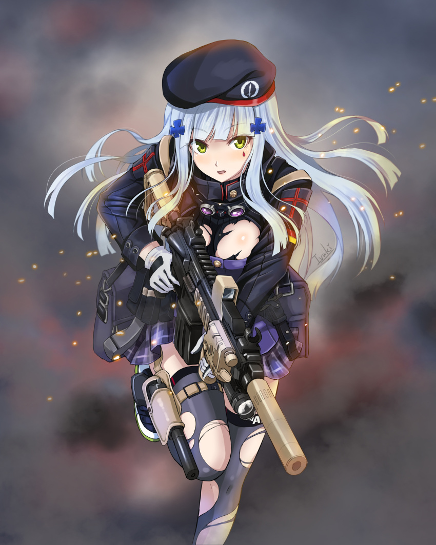 1girl assault_rifle bangs beret black_legwear blunt_bangs blush breasts clothes_writing damaged eyebrows_visible_through_hair facial_mark finger_on_trigger girls_frontline gloves goggles goggles_around_neck green_eyes gun h&amp;k_hk416 hair_ornament hat highres hk416_(girls_frontline) holding holding_gun holding_weapon ivuki jacket large_breasts leg_up light_particles long_hair looking_at_viewer military_jacket open_mouth plaid plaid_skirt rifle running shoes signature silver_hair skirt sneakers solo teardrop thigh-highs torn_clothes very_long_hair weapon