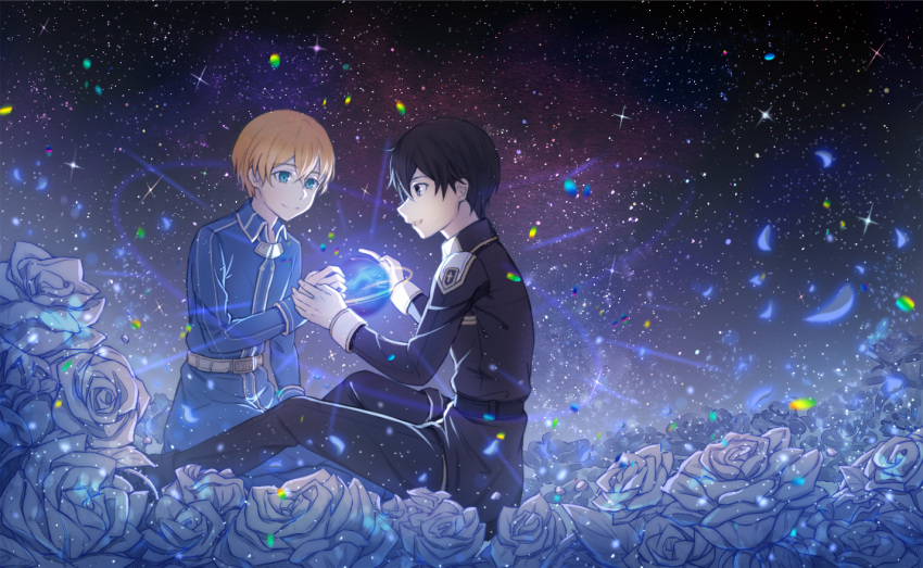 2boys black_eyes black_hair black_jacket black_pants blonde_hair blue_eyes blue_jacket collared_shirt eugeo field flower flower_field hair_between_eyes hand_holding jacket kirito long_sleeves male_focus multiple_boys night night_sky outdoors pants parted_lips petals rose seigaaaa shirt sky smile star_(sky) starry_sky sword_art_online torn_clothes torn_pants white_flower white_rose