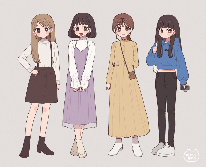 4girls absurdres bag bangs black_footwear black_hair black_pants black_skirt blue_hoodie blunt_bangs bright_pupils brown_dress brown_eyes brown_hair drawstring dress highres hood hoodie long_hair long_sleeves looking_at_viewer midriff multiple_girls nokanok original pants pinafore_dress purple_dress shirt_tucked_in shoes short_hair shoulder_bag signature skirt smile standing suspenders white_dress white_footwear white_pupils wide_shot