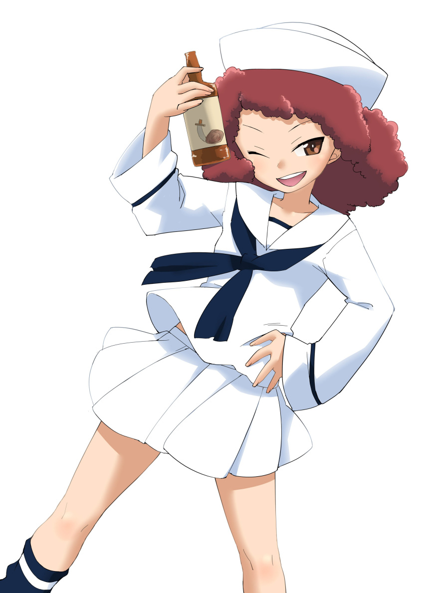 1girl absurdres beer_bottle blouse bottle commentary_request curly_hair dixie_cup_hat dutch_angle girls_und_panzer hamahara_yoshio hand_on_hip hat head_tilt highres holding holding_bottle long_sleeves looking_at_viewer military_hat miniskirt navy_blue_legwear navy_blue_neckwear neckerchief one_eye_closed ooarai_naval_school_uniform open_mouth pleated_skirt print_legwear red_eyes redhead rum_(girls_und_panzer) sailor sailor_collar school_uniform short_hair simple_background single_horizontal_stripe skirt smirk socks solo standing white_background white_blouse white_headwear