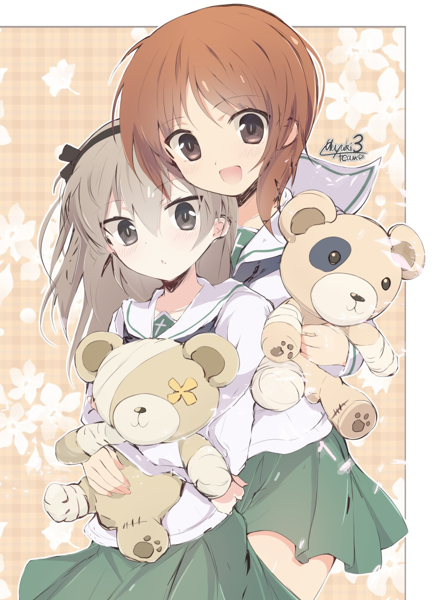 2girls :d :o alternate_costume bandage bangs black_neckwear black_ribbon blouse boko_(girls_und_panzer) brown_background brown_eyes brown_hair commentary floral_background getsumen_suibaku_ver._a(c) girls_und_panzer green_skirt hair_ribbon highres holding holding_stuffed_animal light_blush light_brown_hair light_particles long_hair long_sleeves looking_at_viewer miniskirt multiple_girls neckerchief nishizumi_miho ooarai_school_uniform open_mouth outside_border parted_lips pleated_skirt ribbon school_uniform serafuku shimada_arisu short_hair skirt smile standing stuffed_animal stuffed_toy teddy_bear twitter_username white_blouse