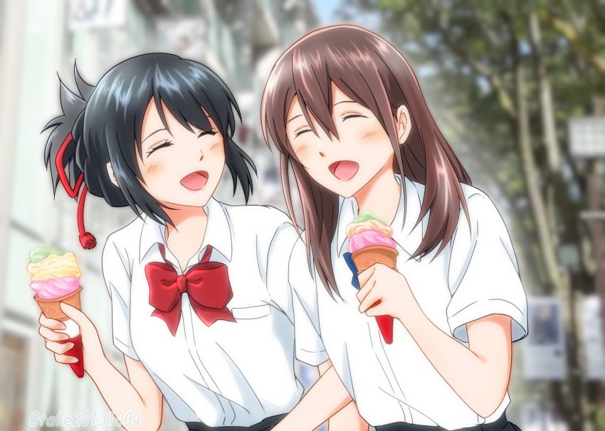 2girls black_hair blurry blurry_background blush brown_hair commentary_request food hair_ribbon ice_cream kimi_no_na_wa. kimi_no_suizou_wo_tabetai long_hair miyamizu_mitsuha multiple_girls open_mouth red_ribbon ribbon school_uniform short_sleeves smile upper_body user_rtsg2375 yamauchi_sakura