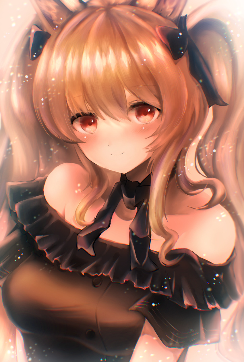 1girl 3_(sanyako1) absurdres angelina_(arknights) animal_ears arknights bangs bare_shoulders black_bow black_dress black_neckwear black_ribbon blush bow breasts brown_hair closed_mouth commentary_request dress eyebrows_visible_through_hair fox_ears hair_bow highres long_hair looking_at_viewer medium_breasts neck_ribbon off-shoulder_dress off_shoulder red_eyes ribbon smile solo upper_body