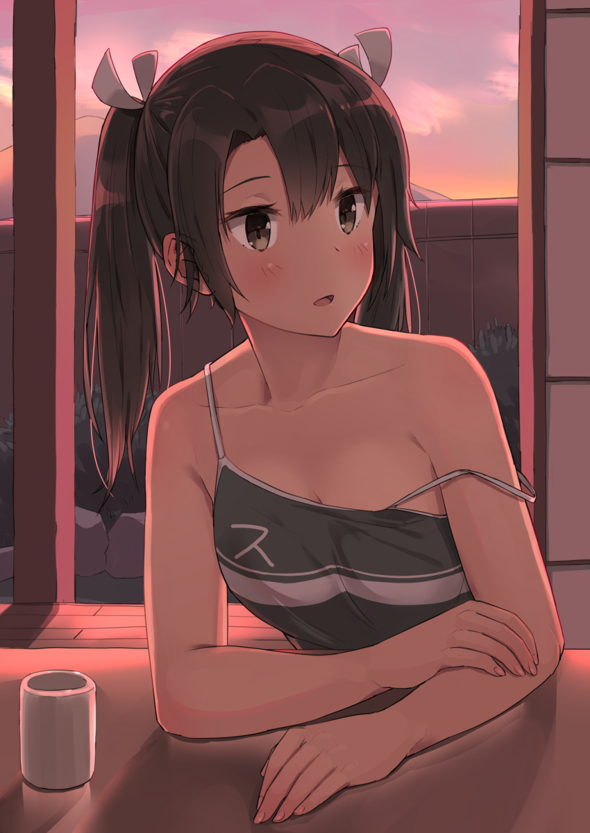 1girl :o bangs bare_shoulders blush breasts casual clothes_writing collarbone cup elbow_rest green_eyes green_hair hair_between_eyes hair_ribbon highres indoors kantai_collection long_hair looking_away open_mouth orange_sky ribbon sidelocks sitting sky small_breasts soushou_nin sunset table tank_top twintails white_ribbon zuikaku_(kantai_collection)