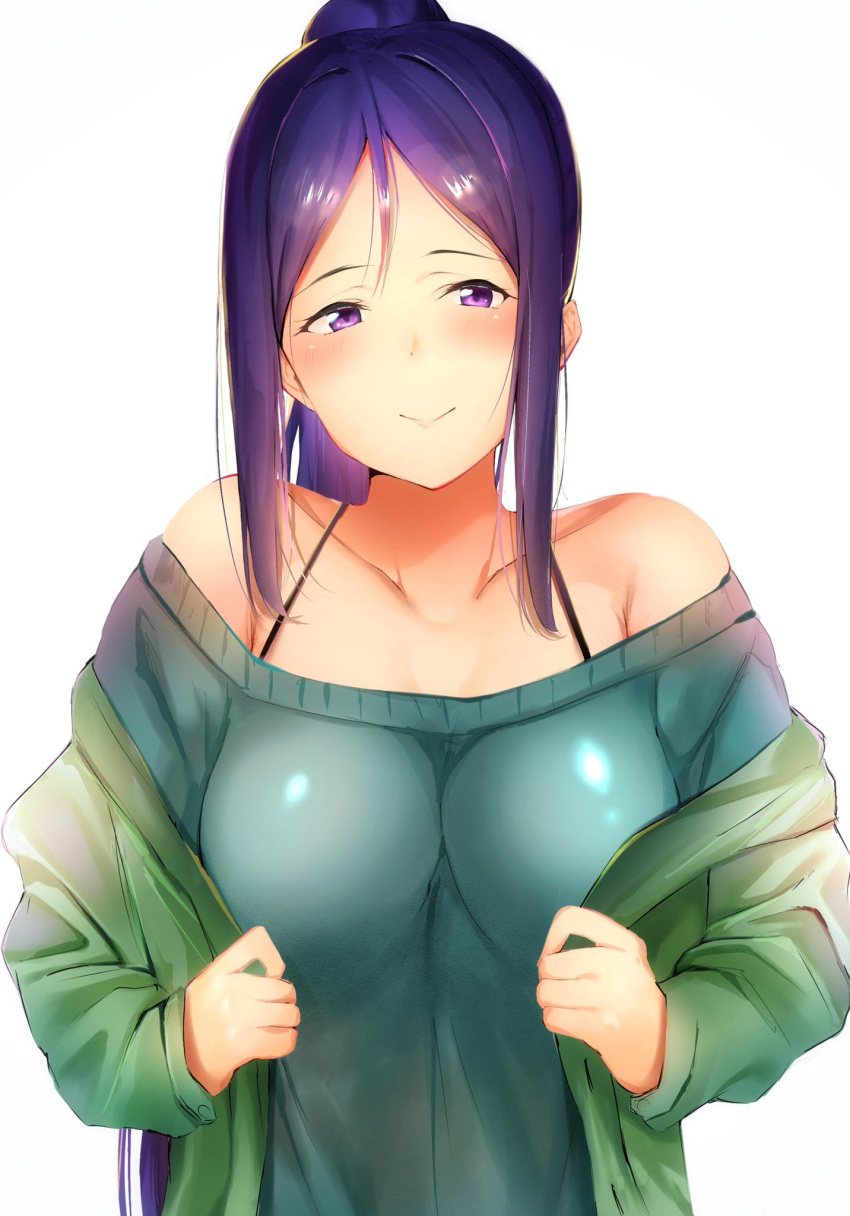 1girl aqua_sweater bangs bare_shoulders blush breasts collarbone green_jacket half-closed_eyes head_tilt highres jacket large_breasts long_hair long_sleeves looking_at_viewer love_live! love_live!_sunshine!! matsuura_kanan off-shoulder_sweater off_shoulder open_clothes open_jacket ponytail purple_hair reno_0901 sidelocks simple_background smile solo sweater tareme upper_body violet_eyes white_background