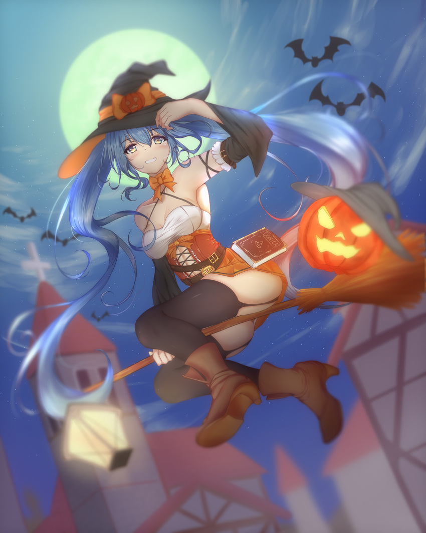 1girl black_headwear black_legwear black_sleeves blue_hair blurry book boots bow breasts broom broom_riding brown_eyes brown_footwear choker cleavage criss-cross_halter detached_sleeves floating_hair full_body full_moon garter_straps hair_between_eyes halloween halloween_costume halterneck hat hat_bow hatsune_miku highres kenkano long_hair long_sleeves looking_at_viewer medium_breasts miniskirt moon orange_bow orange_neckwear orange_skirt panties pleated_skirt pumpkin_hat_ornament skirt solo striped striped_panties thigh-highs underwear very_long_hair vocaloid wide_sleeves witch witch_hat