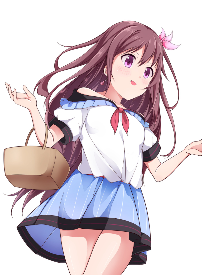 1girl acchii_(akina) alternate_costume basket blue_skirt brown_hair casual commentary_request cowboy_shot earrings hair_ornament highres jewelry kantai_collection kisaragi_(kantai_collection) long_hair sailor_collar sailor_shirt shirt simple_background skirt smile solo striped striped_skirt violet_eyes white_background