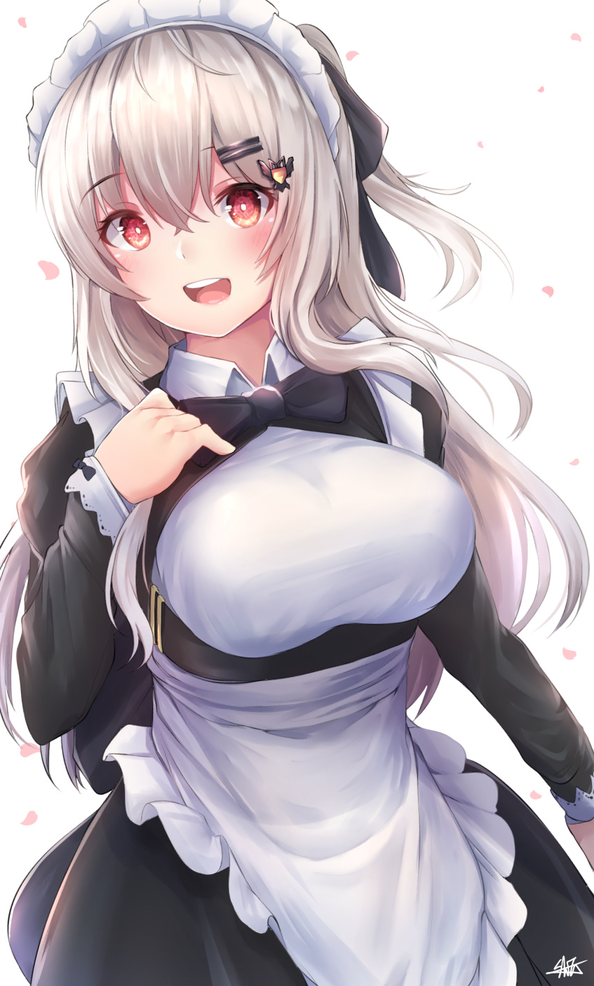 1girl :d absurdres alternate_costume apron bangs blush breasts cowboy_shot enmaided eyebrows_visible_through_hair girls_frontline hair_between_eyes hair_ornament hair_ribbon hairclip hand_on_own_chest highres hiromaster_sinta_jh iws-2000_(girls_frontline) long_hair looking_at_viewer maid maid_apron maid_headdress open_mouth red_eyes ribbon sidelocks signature silver_hair simple_background smile solo white_background