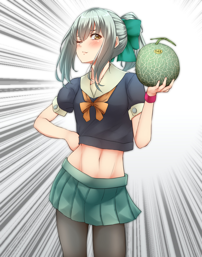 1girl ;) abs bangs blush bow bowtie brown_eyes doyagao food fruit green_hair grey_hair grey_legwear hair_bow hair_ribbon hand_on_hip highres holding holding_food holding_fruit kantai_collection long_hair looking_at_viewer melon midriff navel nuka_(nvkka) one_eye_closed pantyhose pleated_skirt ponytail ribbon school_uniform serafuku short_sleeves sidelocks skirt smile smug solo tank_top wristband yuubari_(kantai_collection)