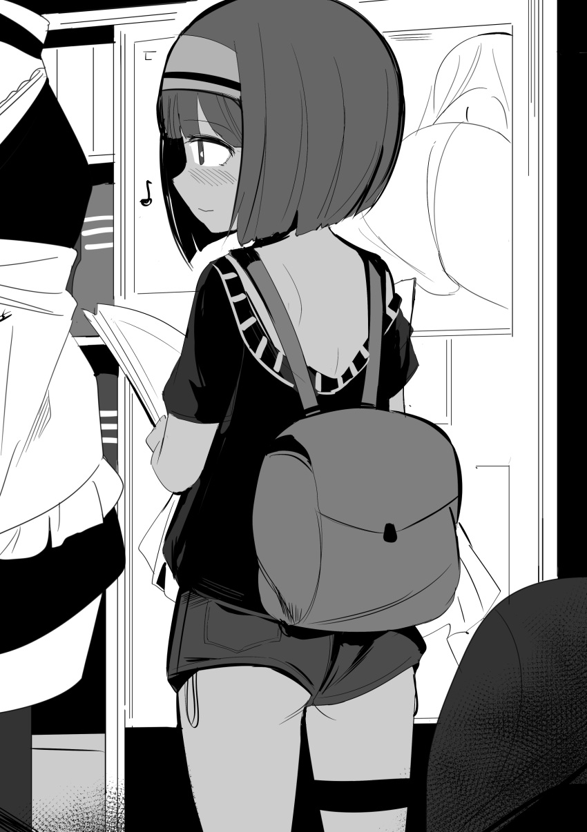 1girl absurdres apron ass backpack bag blush closed_mouth dark_skin dress frilled_apron frills from_behind greyscale hairband highres holding indoors looking_away mannequin monochrome original profile shirt short_hair short_shorts short_sleeves shorts smile solo standing thigh_strap toy_box-r waist_apron