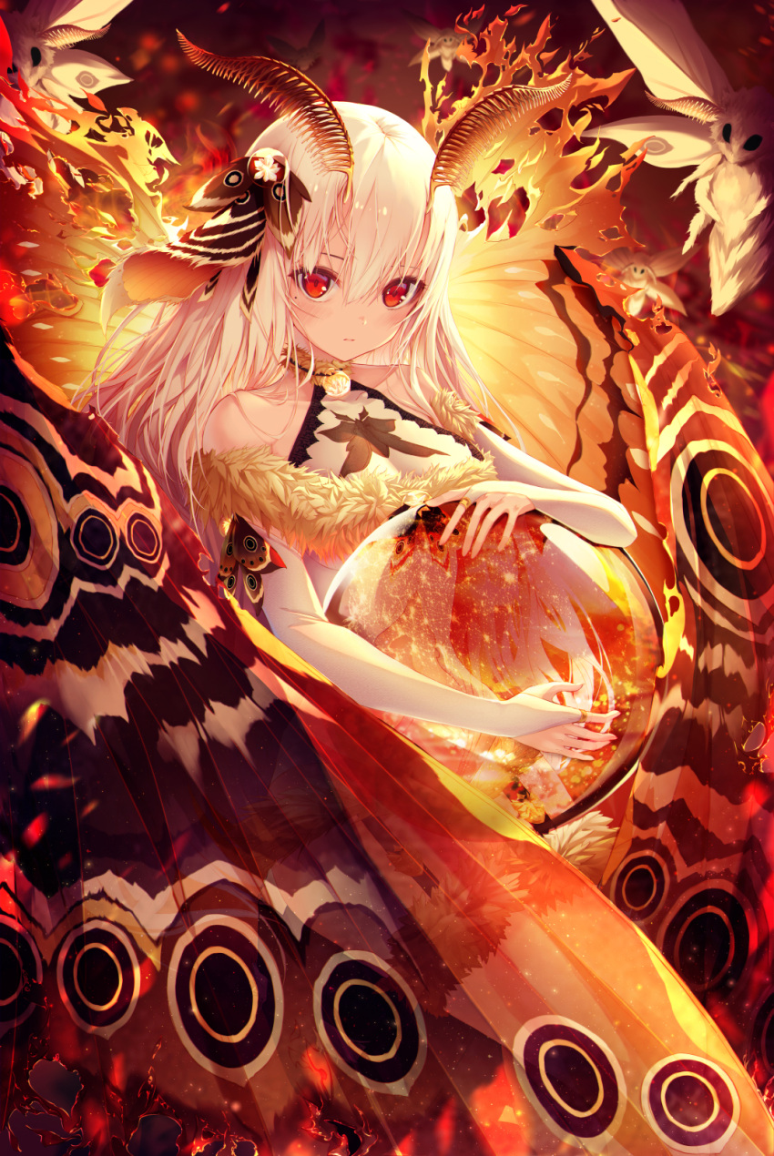 1girl bridal_gauntlets bug fur_trim h2o_(dfo) hair_ornament highres insect insect_girl long_hair looking_at_viewer moth moth_ears moth_wings orb original red_eyes see-through solo transparent_wings white_hair wings
