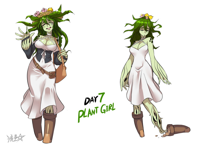 1girl bag belt breasts brown_footwear carrying_over_shoulder cleavage closed_eyes commentary detached_sleeves dress english_commentary english_text flower_pot green_skin halterneck hand_up handbag hat highres large_breasts leaf mandragora original plant_girl pouch ryuusei_(mark_ii) simple_background single_tear soil straw_hat white_background white_dress