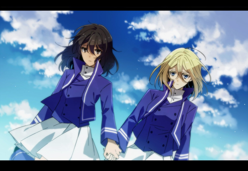 2girls amazuki_jou andou_(girls_und_panzer) bangs bc_freedom_military_uniform black_hair blonde_hair blue_eyes blue_jacket blue_sky blue_vest blurry blurry_background brown_eyes closed_mouth clouds cloudy_sky commentary dark_skin day depth_of_field dress_shirt dutch_angle girls_und_panzer hand_holding hat hat_removed headwear_removed high_collar holding holding_hat jacket letterboxed light_frown long_sleeves looking_at_viewer medium_hair messy_hair military military_uniform miniskirt multiple_girls oshida_(girls_und_panzer) outdoors pleated_skirt shirt skirt sky standing uniform vest white_shirt white_skirt yuri
